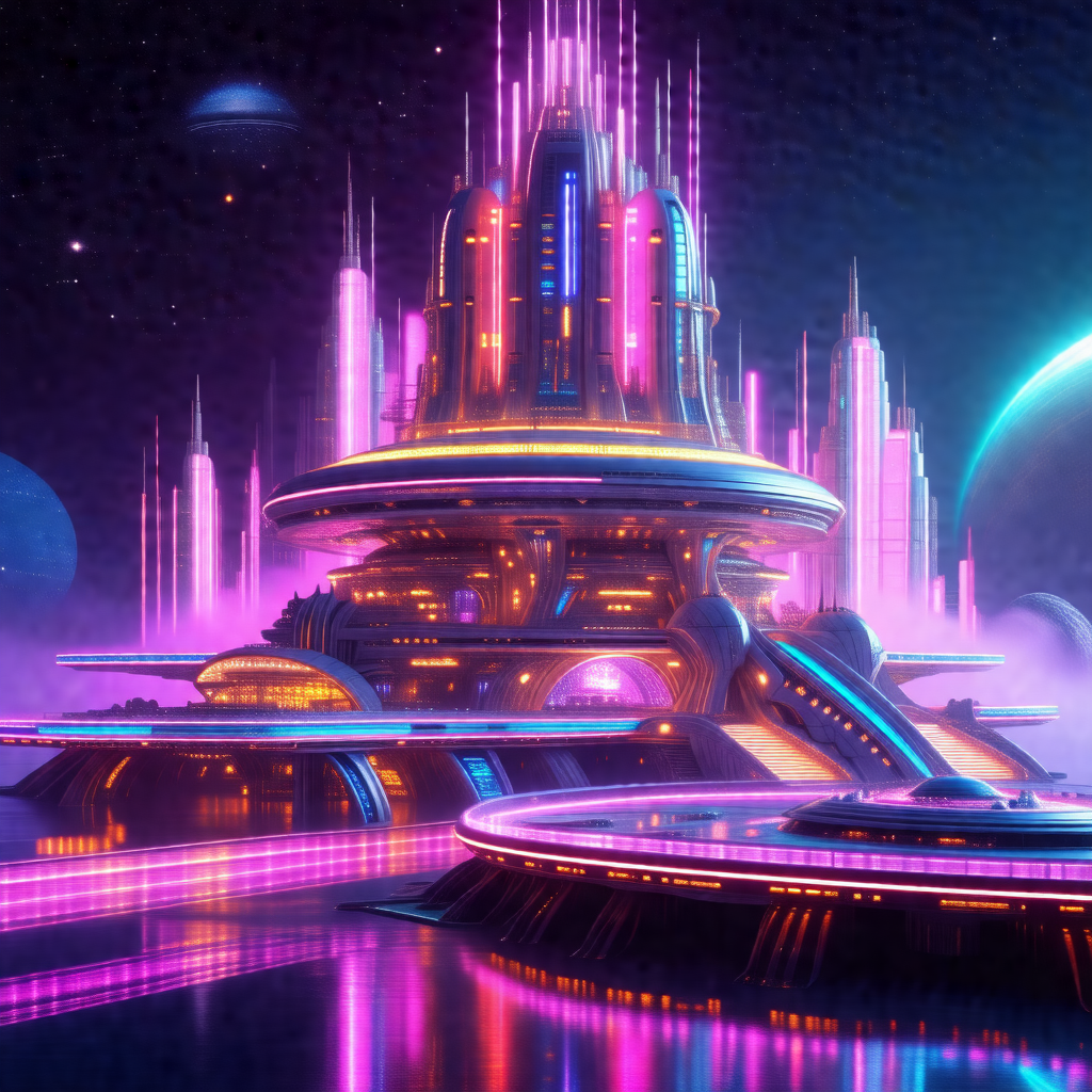 Futuristic city with a large, pink and purple building as...