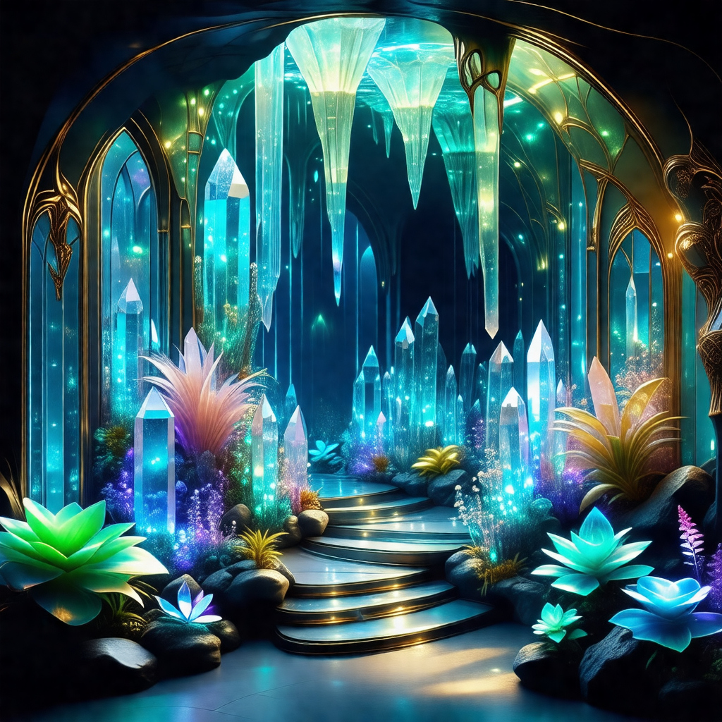 Beautifully lit, blue-lit cave with a staircase leading t...