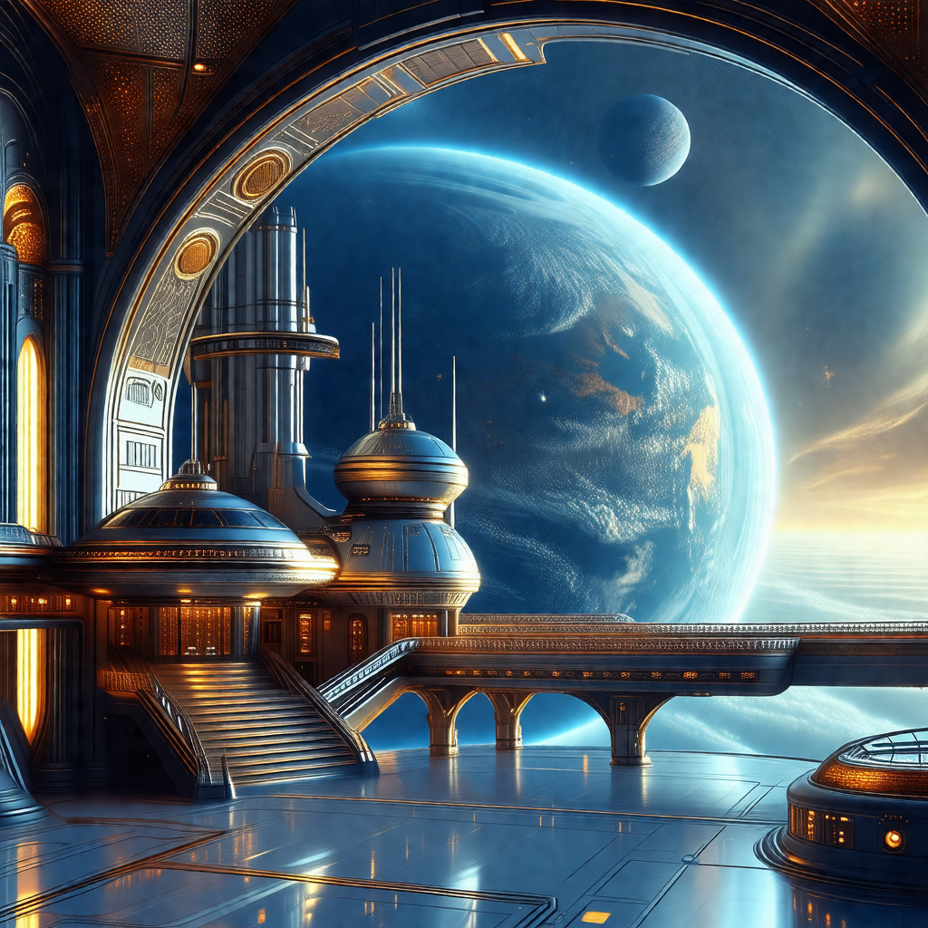 Digital painting of a futuristic space station with a lar...