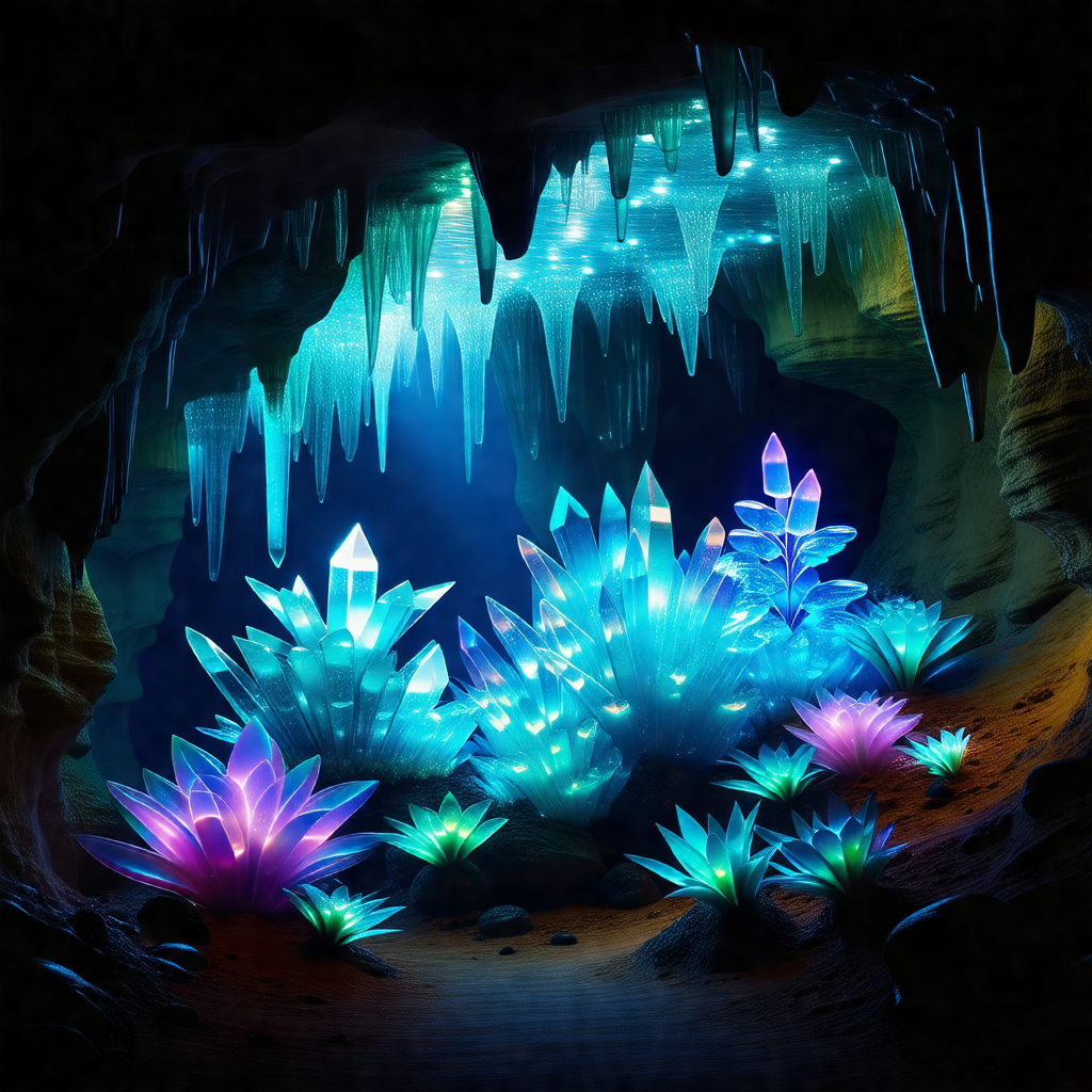 Cave with a variety of colorful crystals and plants