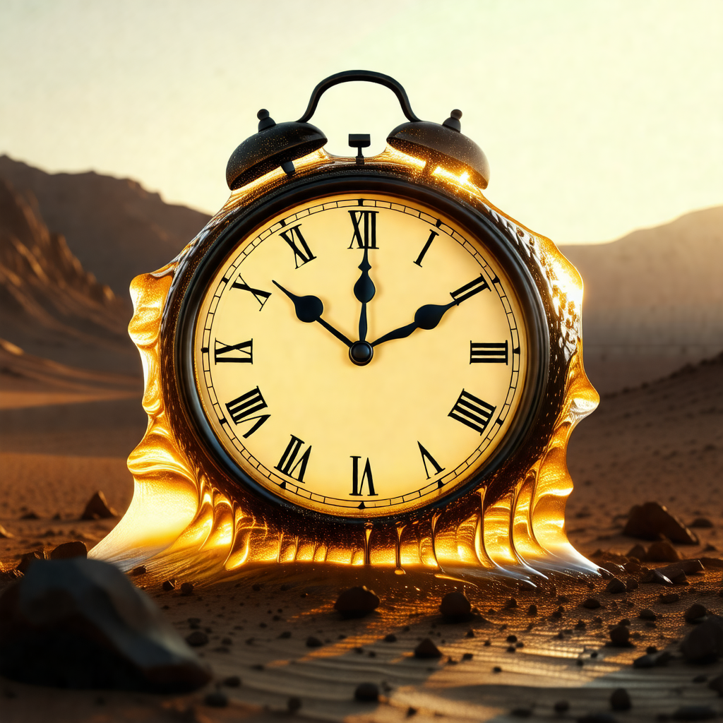Large, golden clock with roman numerals, placed in a dese...