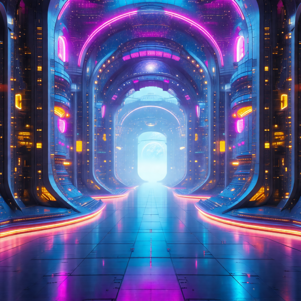 Futuristic cityscape with a long, curved road that leads ...