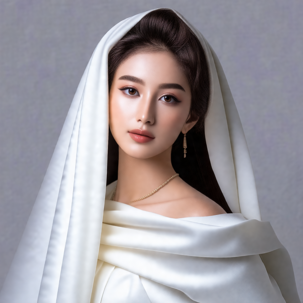 Beautiful young woman wearing a white veil, standing in f...