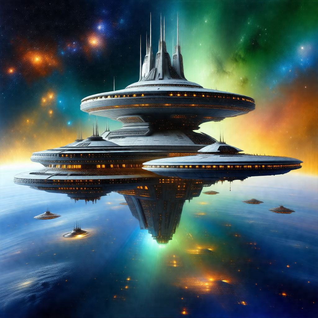 Futuristic painting of a large, circular space station fl...