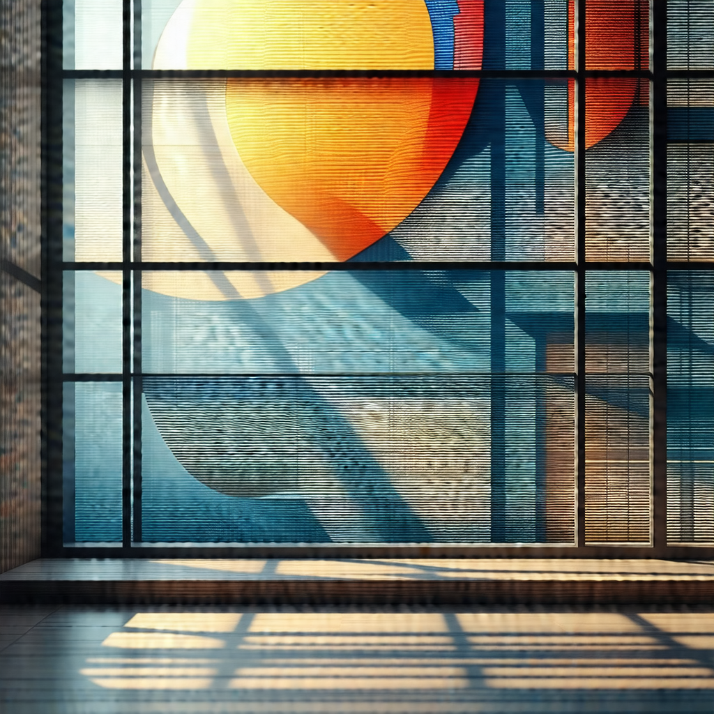 Large window with a blue and orange painting on it