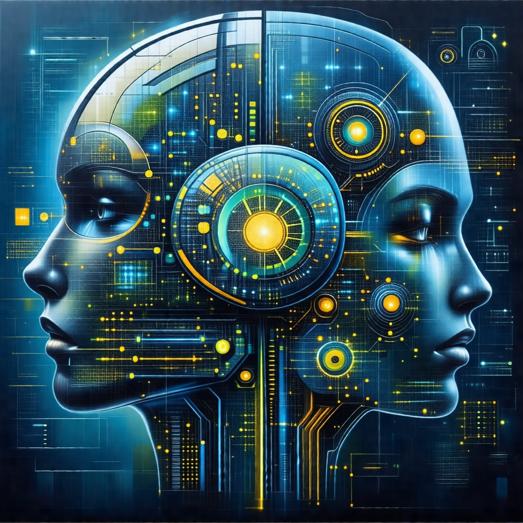 Futuristic scene with two faces, one on the left and the ...
