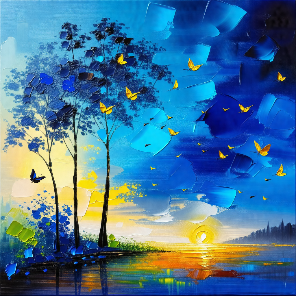 Painting of a serene scene featuring a body of water, suc...