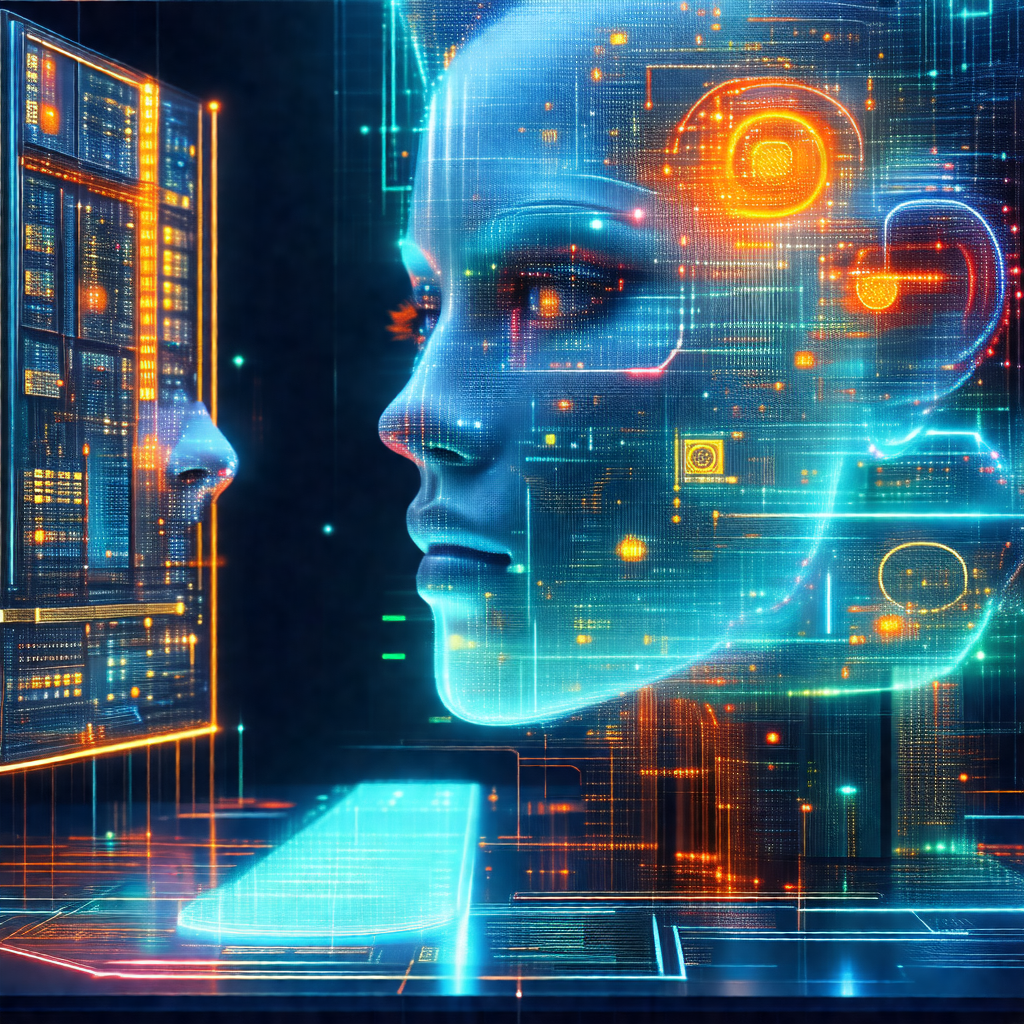 Futuristic scene with two faces, one on the left and the ...