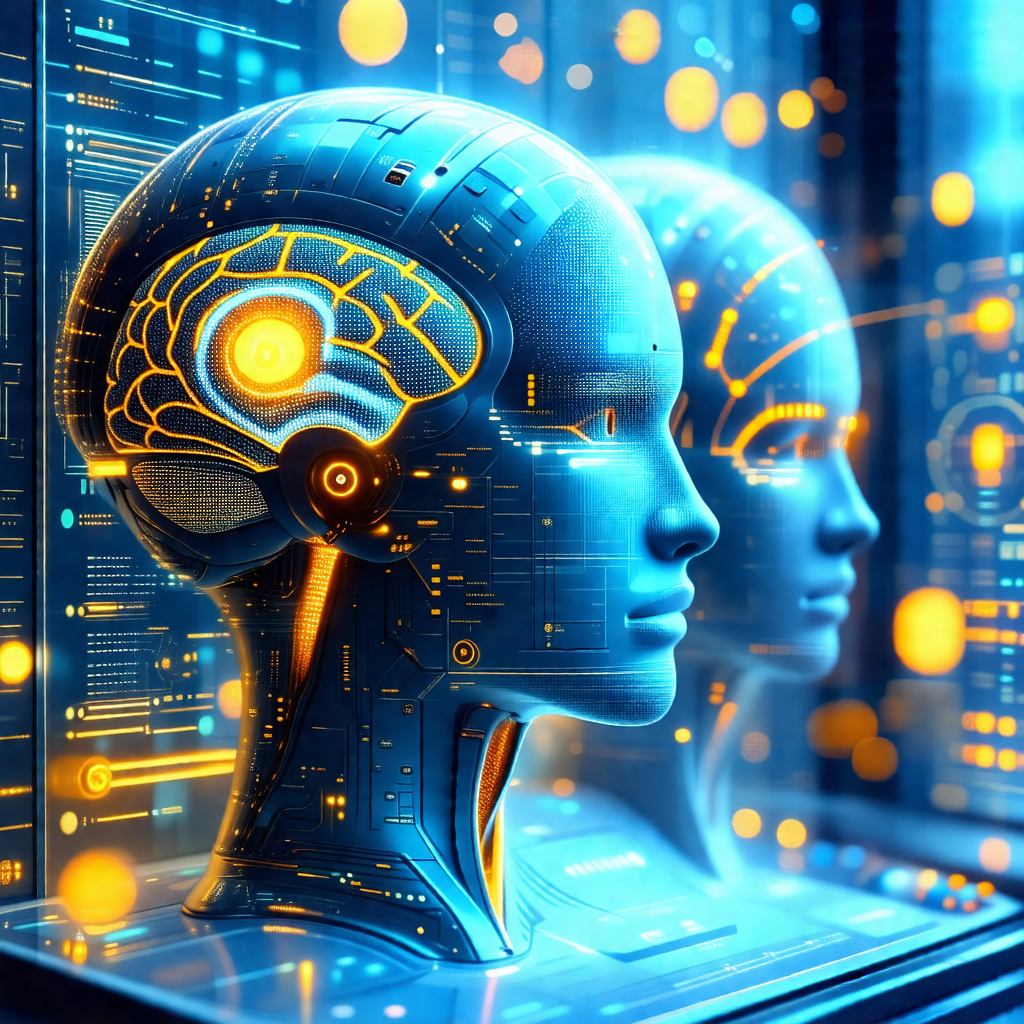 Close-up of a computer-generated human head, with a blue ...