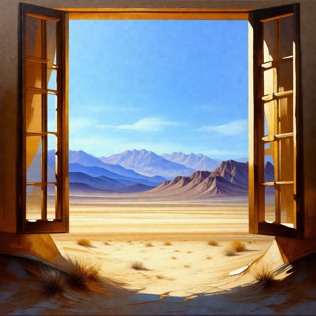 Large window with a beautiful view of a desert landscape