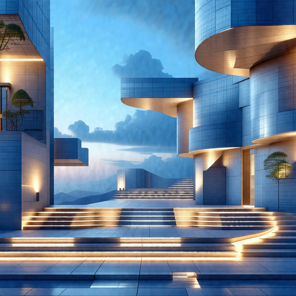 Futuristic cityscape with a series of tall, blue buildings