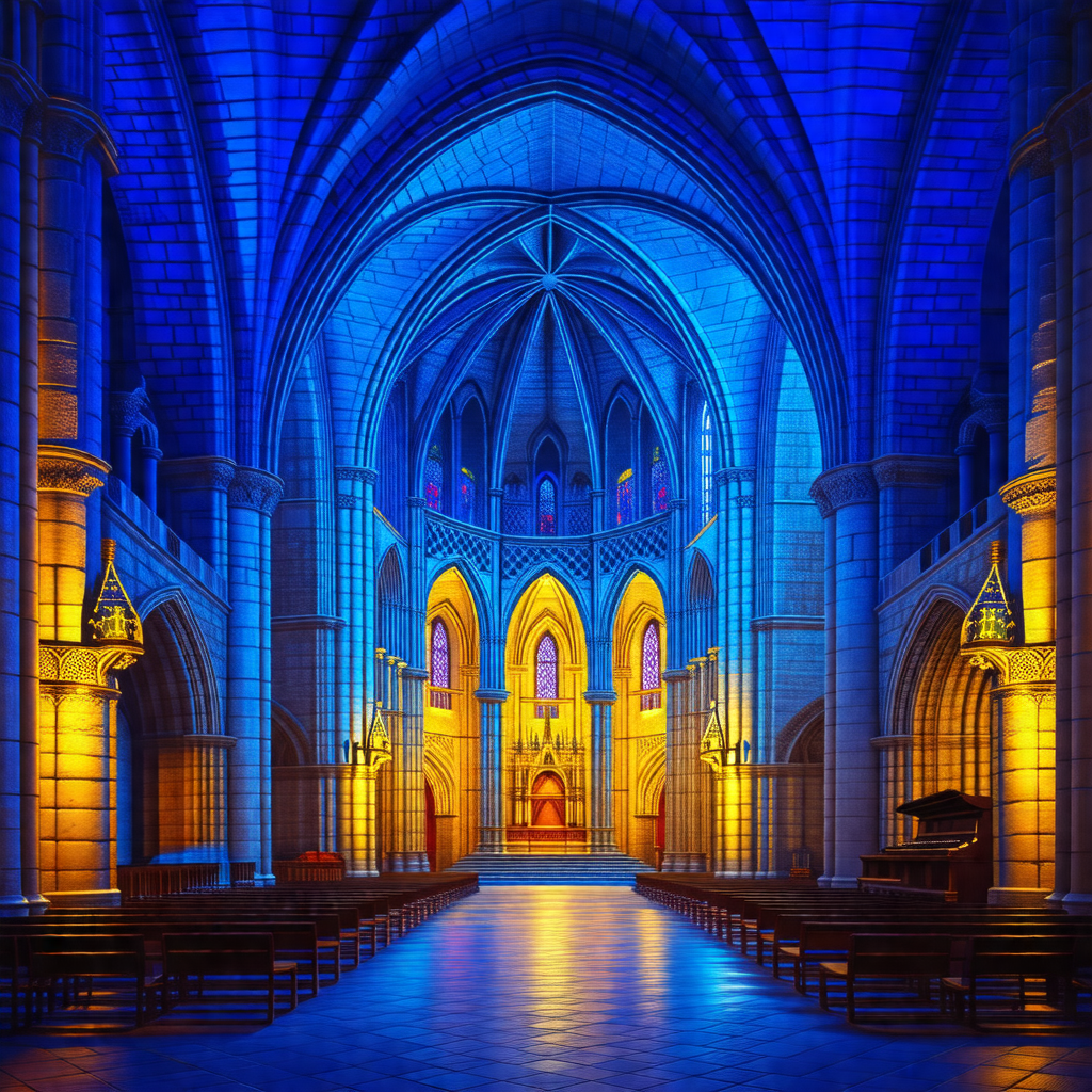 Black and white photo of a large cathedral with a blue tint