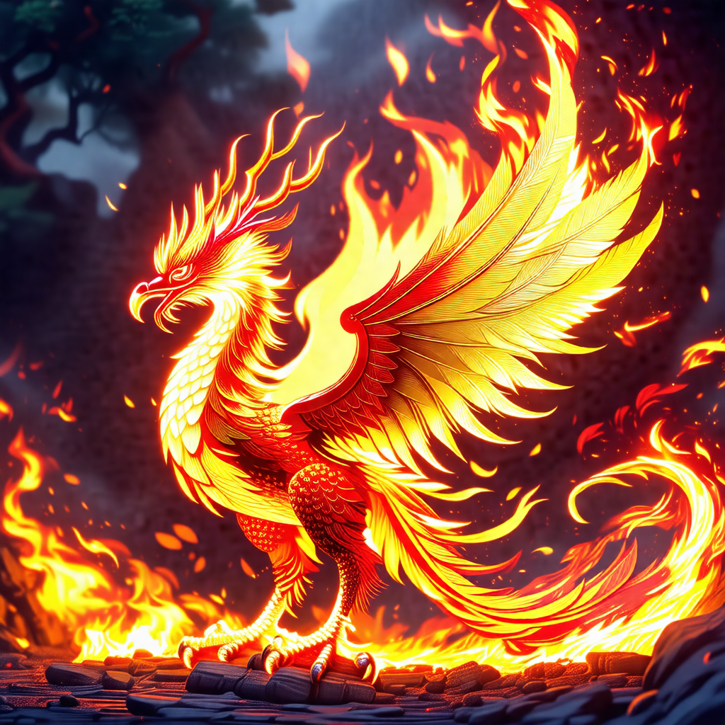 Large, colorful dragon with a long tail and a fiery mane