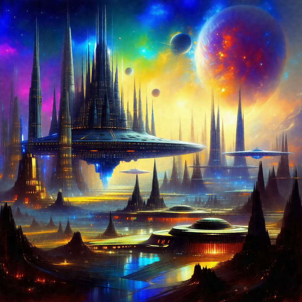 Futuristic painting featuring a city with a large number ...