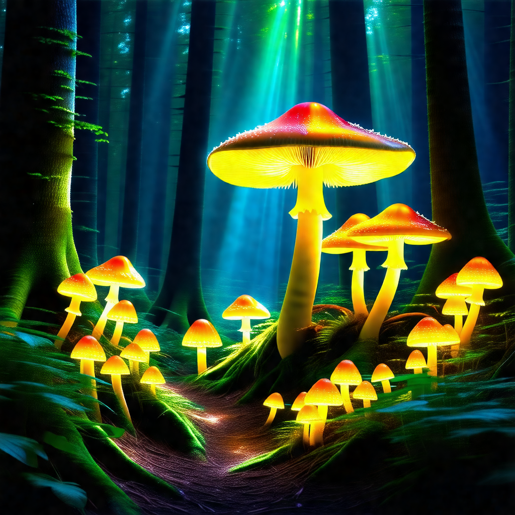 Forest with a group of mushrooms growing on the ground