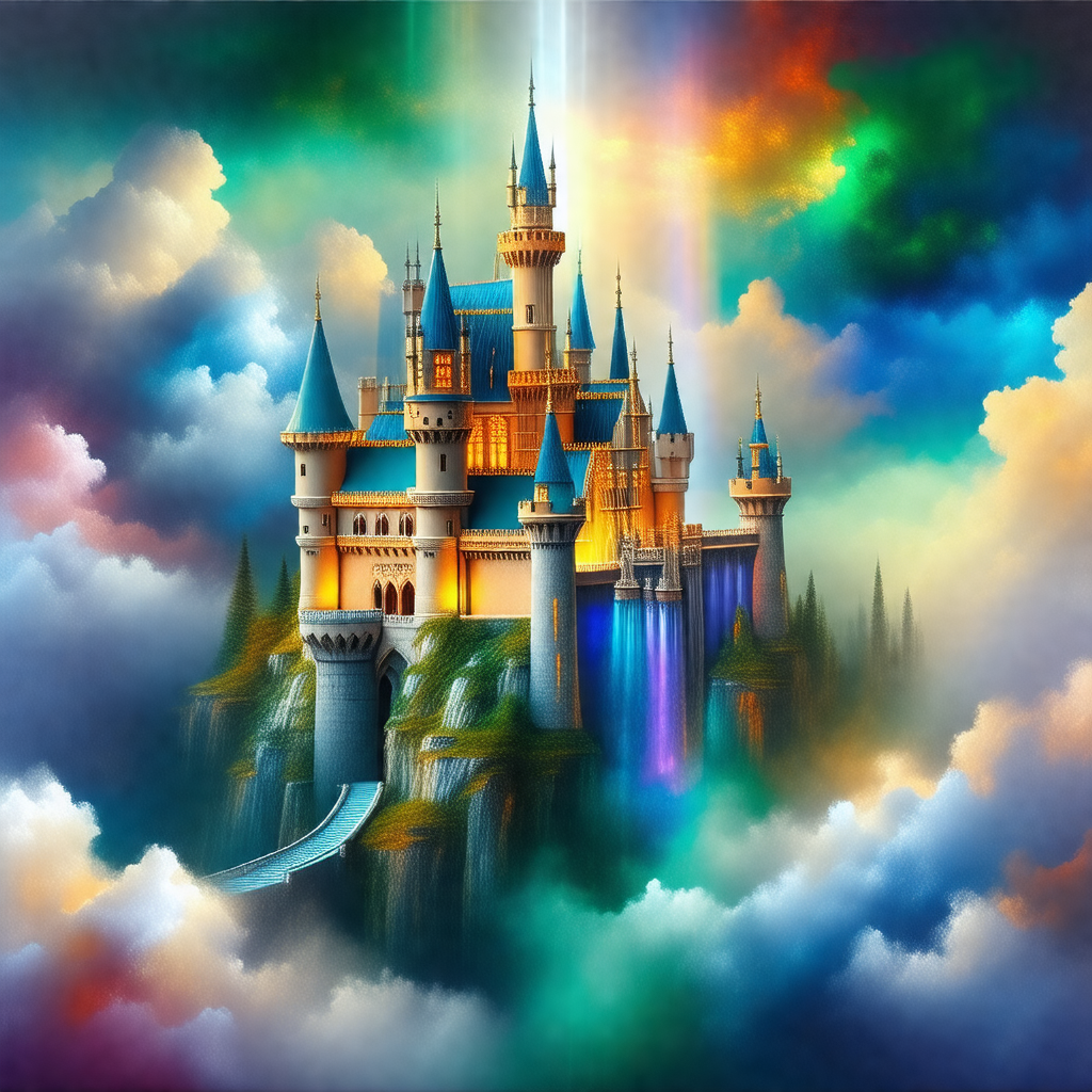 Painting of a majestic castle, with a bridge leading to it