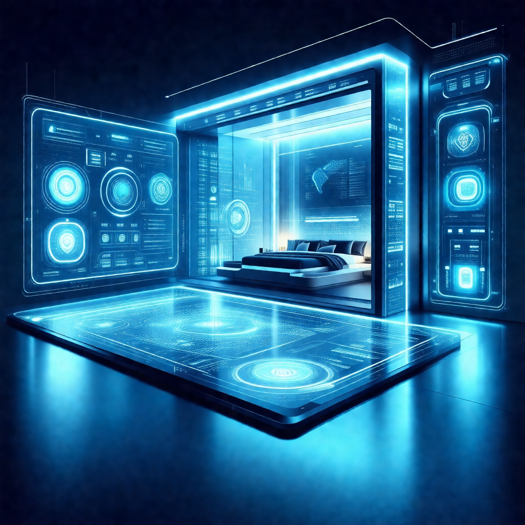 Futuristic bedroom with a bed situated in the middle of t...