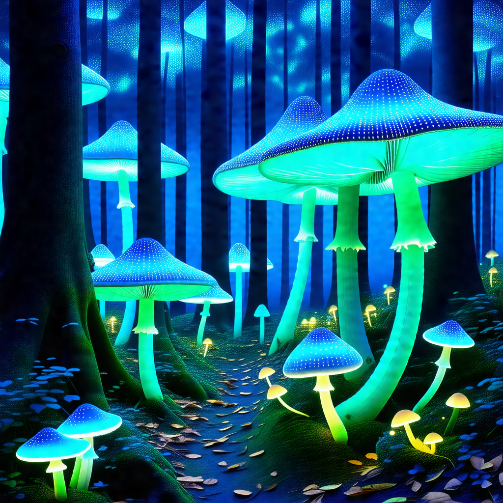 Forest filled with a variety of glowing mushrooms