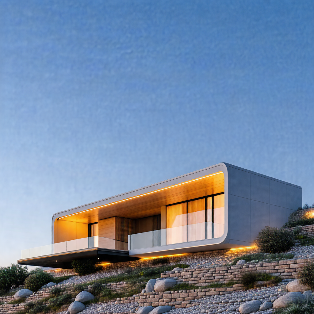 Large, modern-looking house situated on a hillside