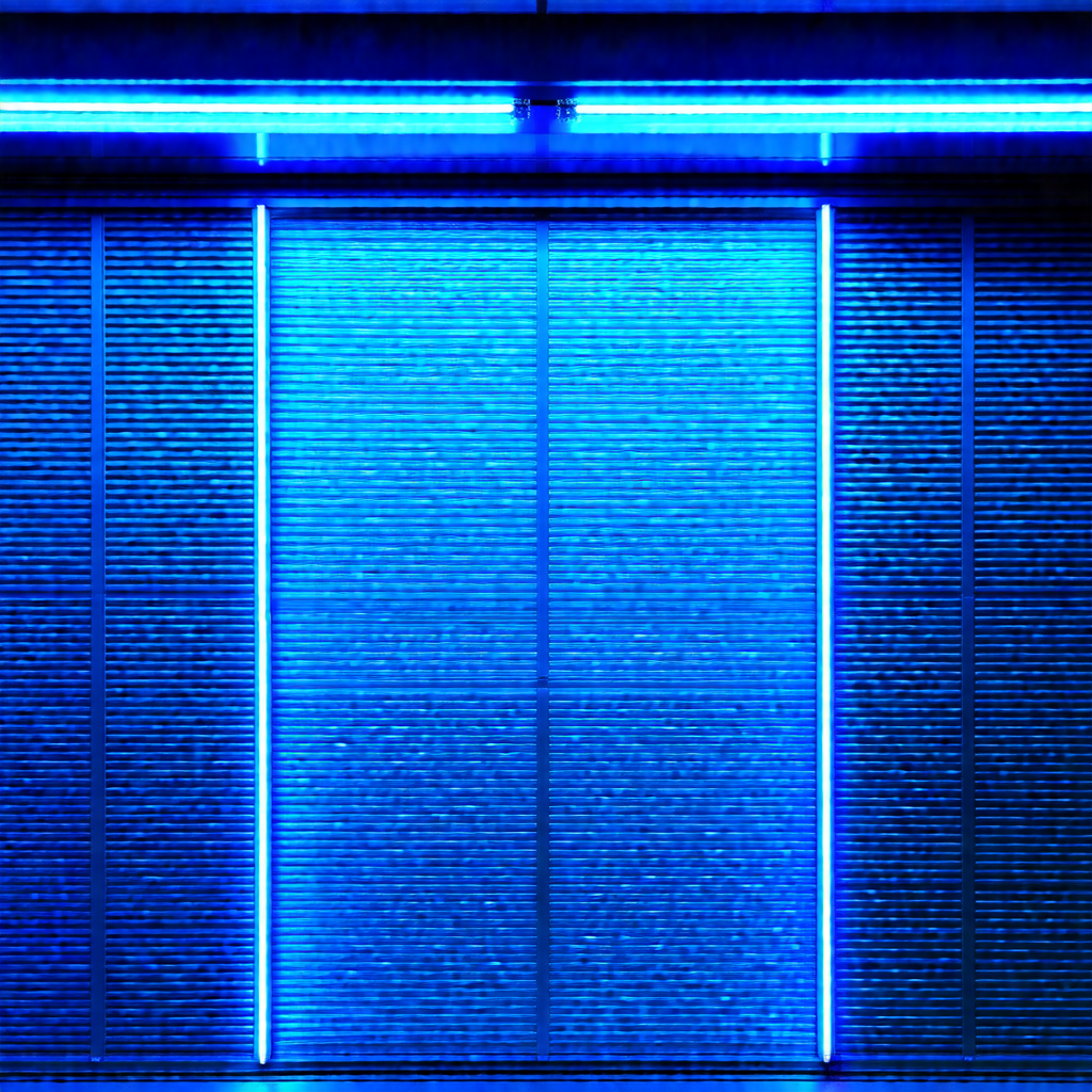 Blue light illuminating a building, possibly a store or a...