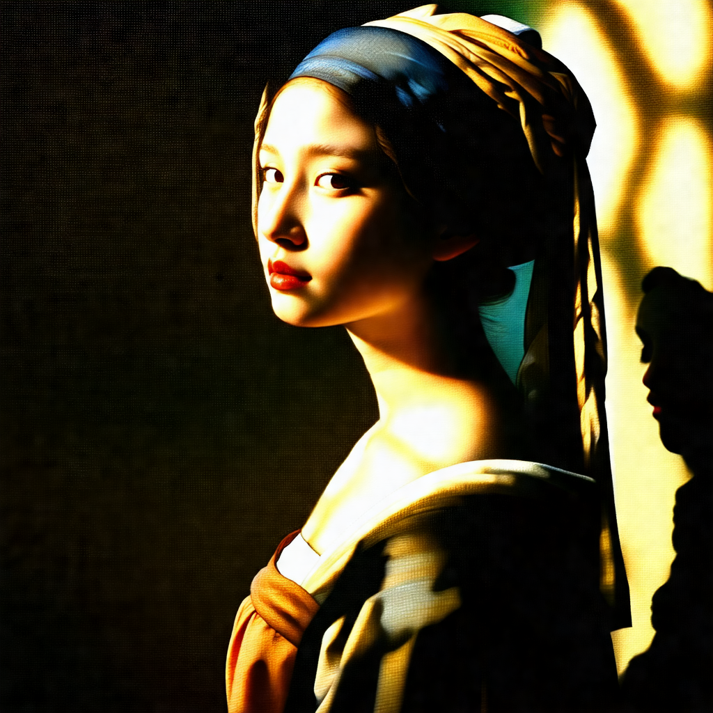 Woman wearing a blue head scarf, standing in a dark room