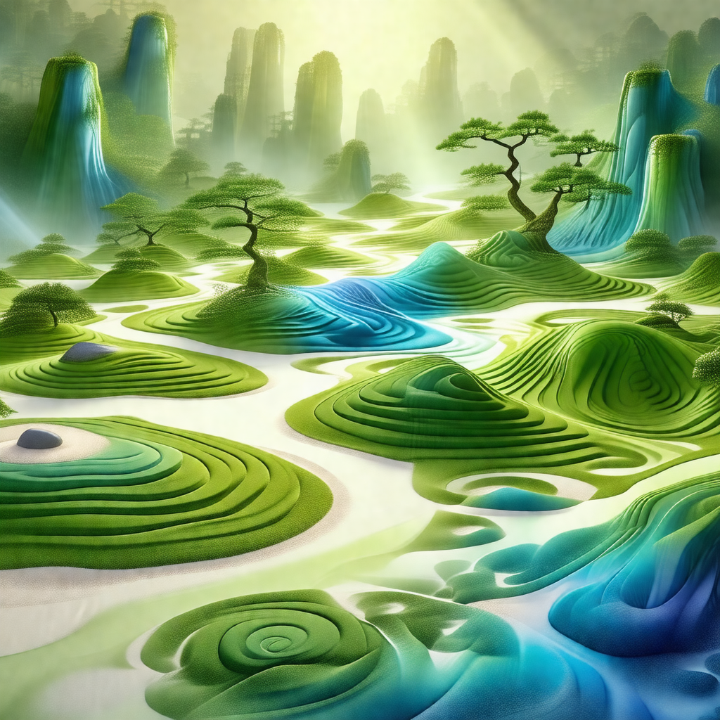 Painting of a lush green forest with a river flowing thro...