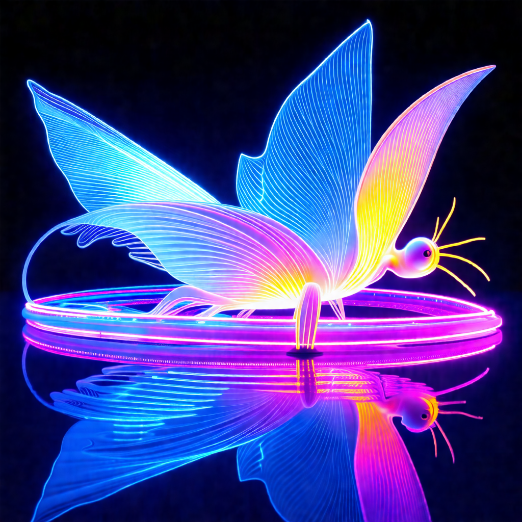 Large, colorful butterfly sculpture made of neon lights