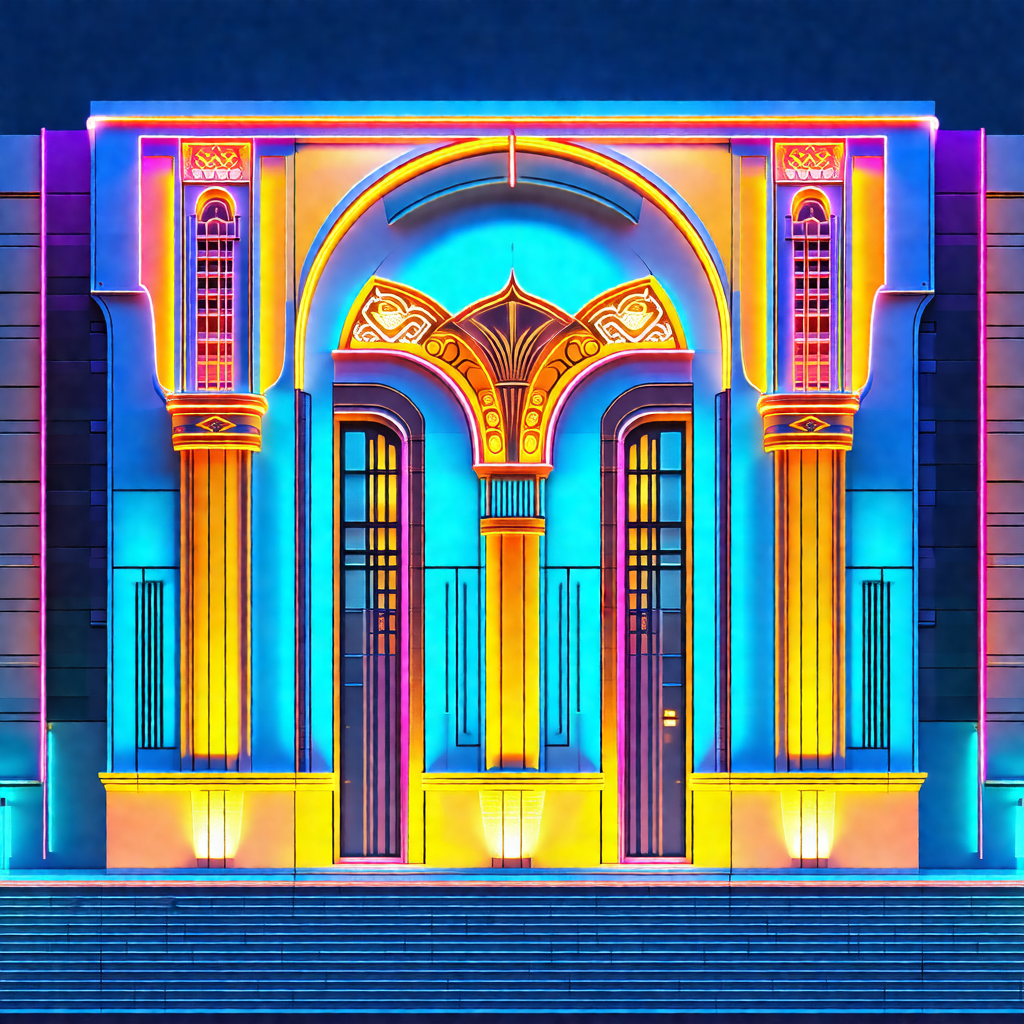 Large, colorful building with a prominent archway