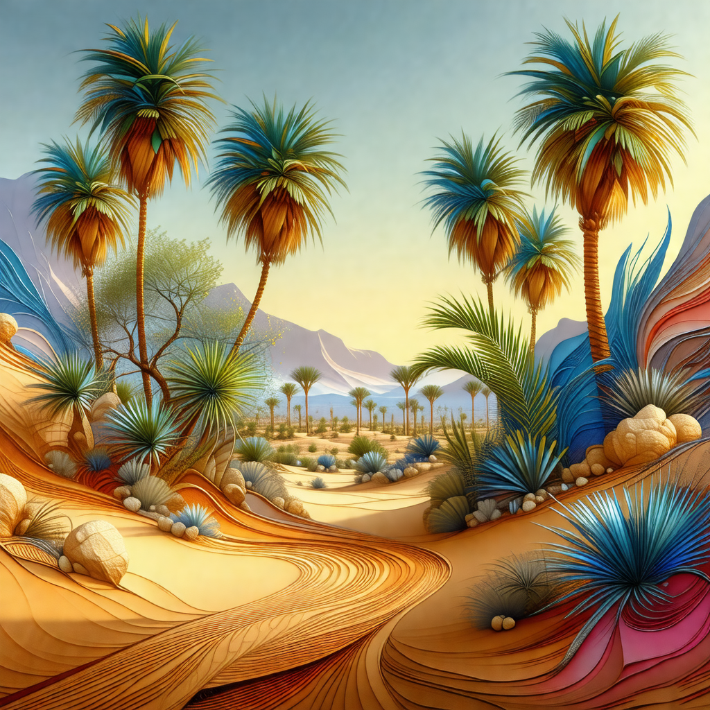Painting of a desert landscape with a sandy road and palm...
