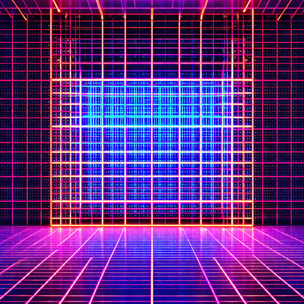 Futuristic, neon-colored room with a large, open doorway