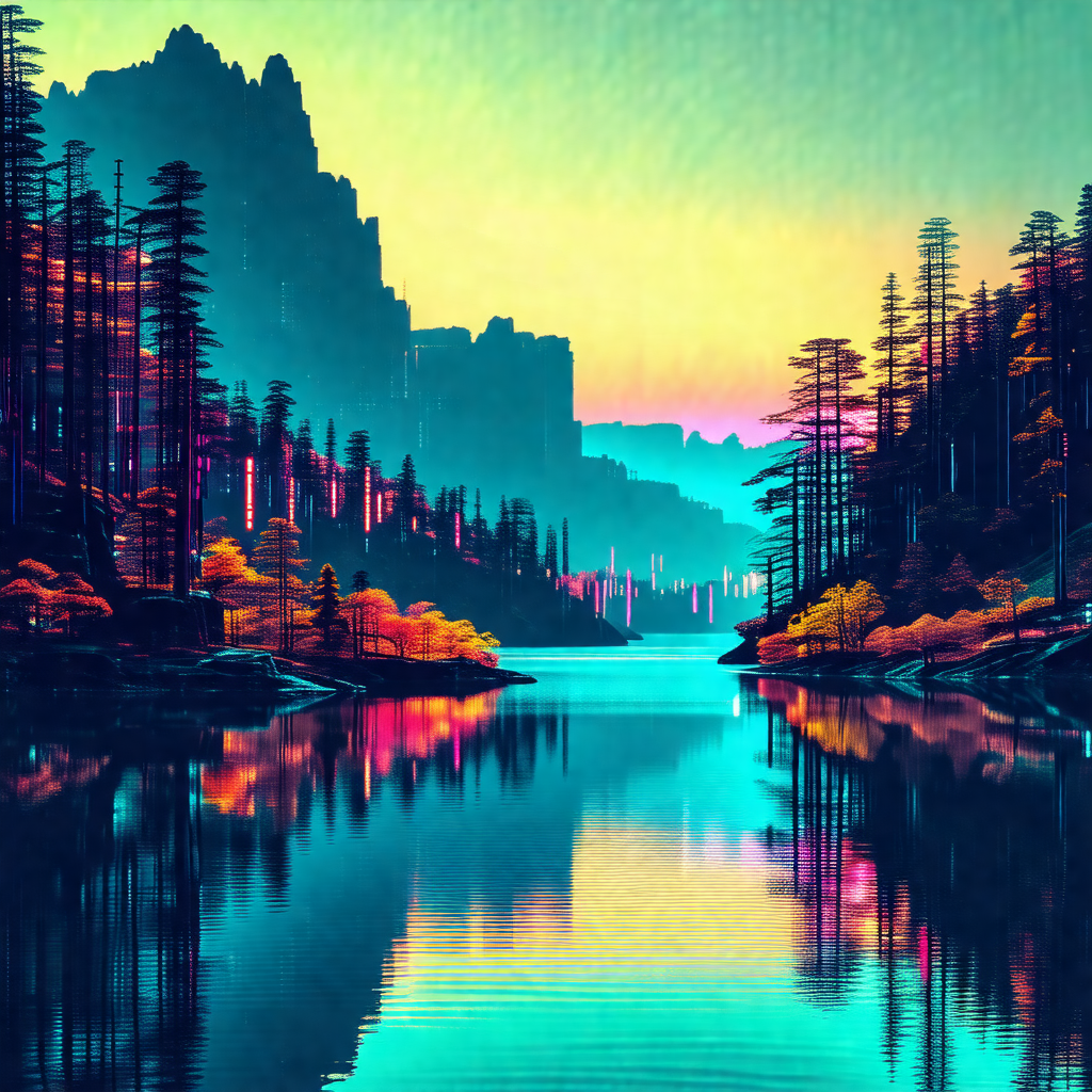 Colorful painting of a serene lake surrounded by a forest