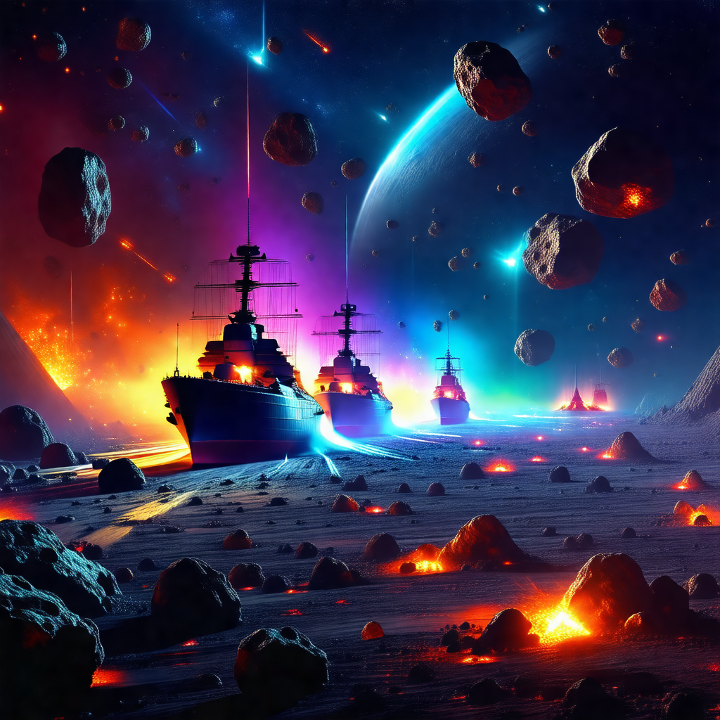 Futuristic scene with three spaceships floating in the air