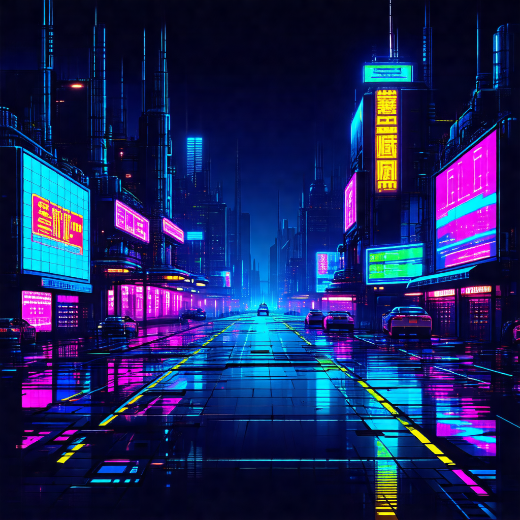 Futuristic cityscape with a rain-soaked street filled wit...
