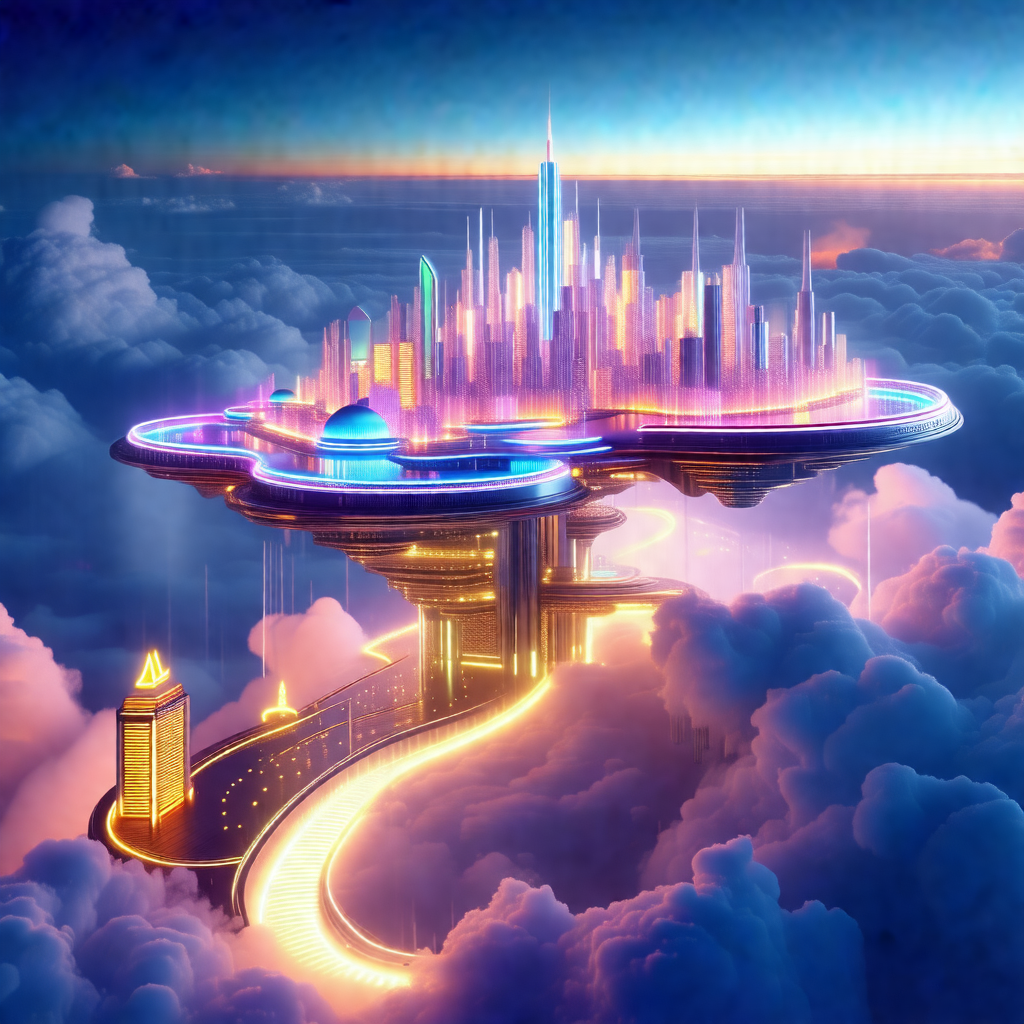 Futuristic city with a large, illuminated tower in the ce...
