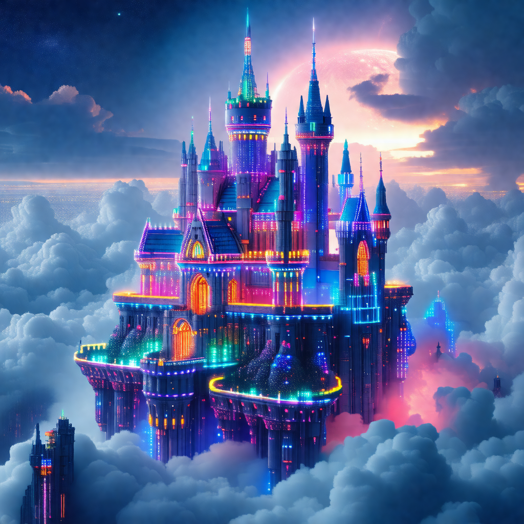 Large, colorful castle with a purple and pink color scheme