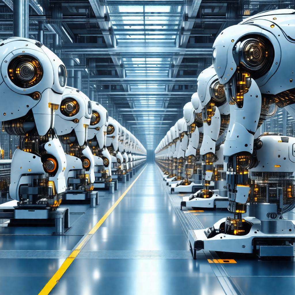 Factory with a large number of white robots lined up in a...
