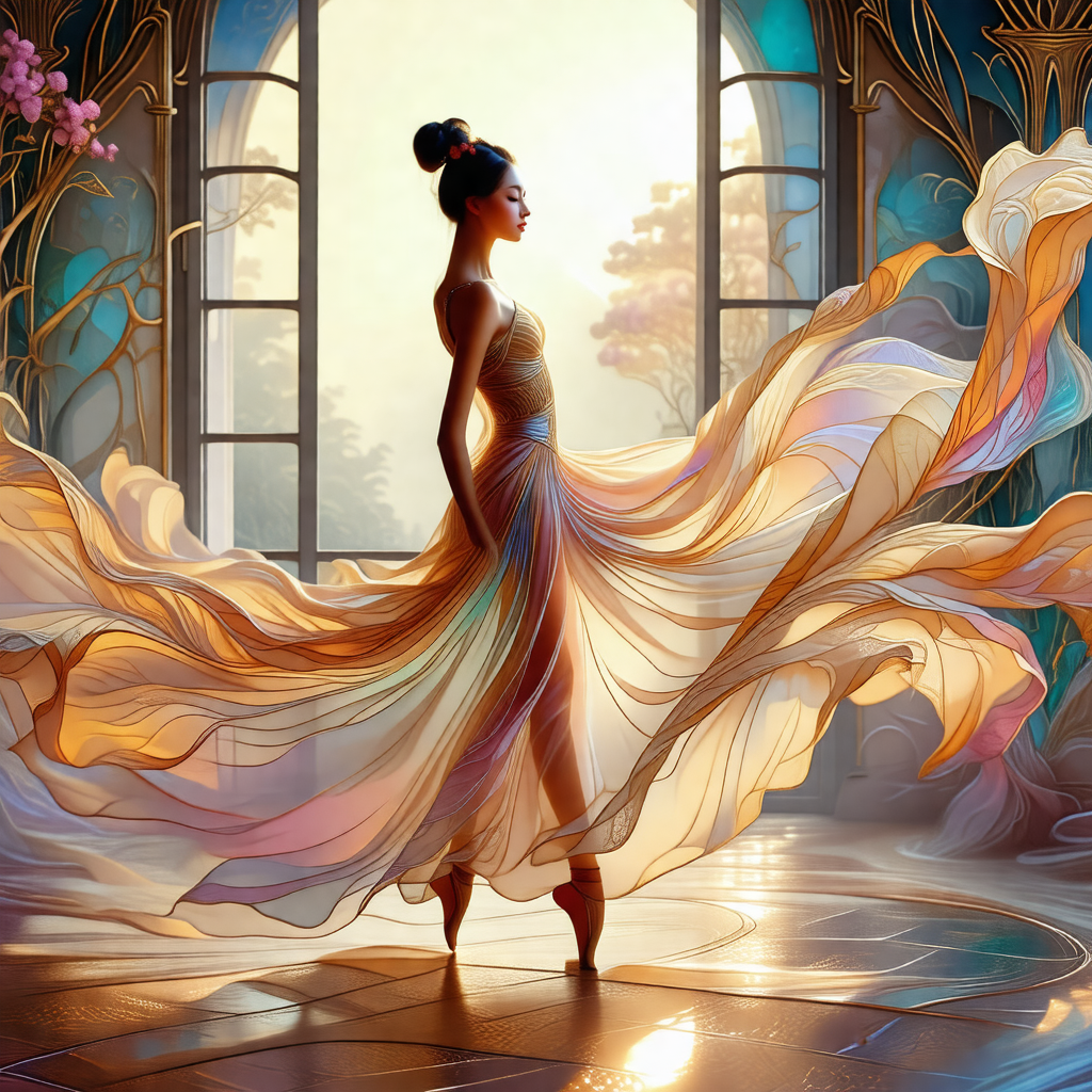 Woman in a flowing dress, standing in a room with a large...