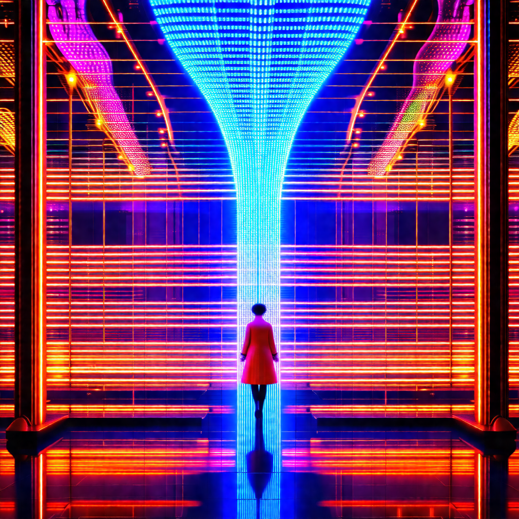Woman walking through a futuristic, neon-lit hallway