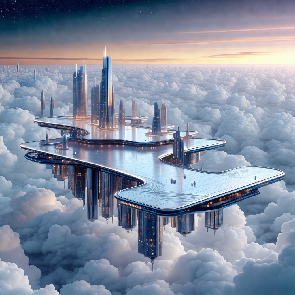 Futuristic cityscape with a large, curved building that r...