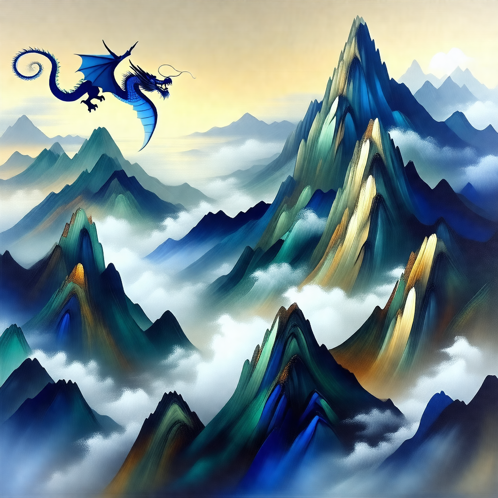 Dragon flying through a cloudy sky, with a mountain range...