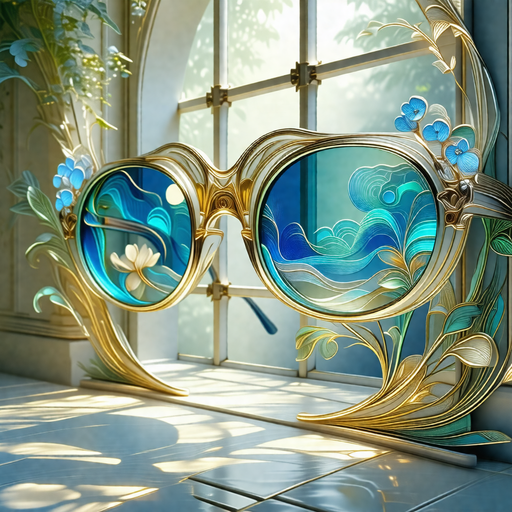 Pair of gold sunglasses with blue lenses, placed on a table