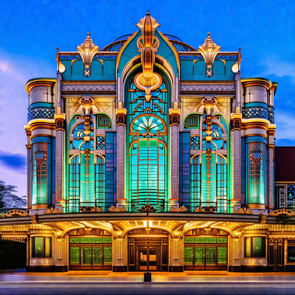 Large, ornate building with a green and blue facade