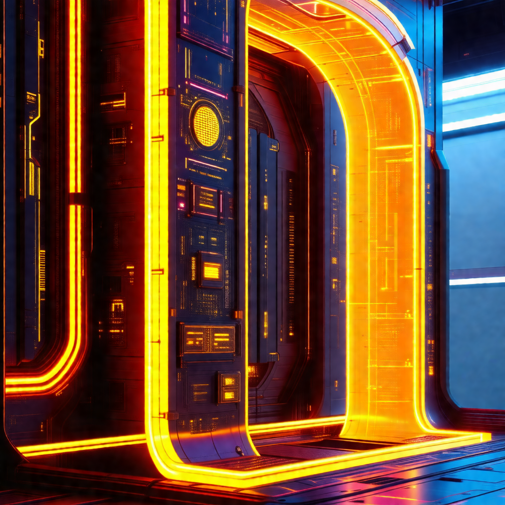 Futuristic room with a large, illuminated door