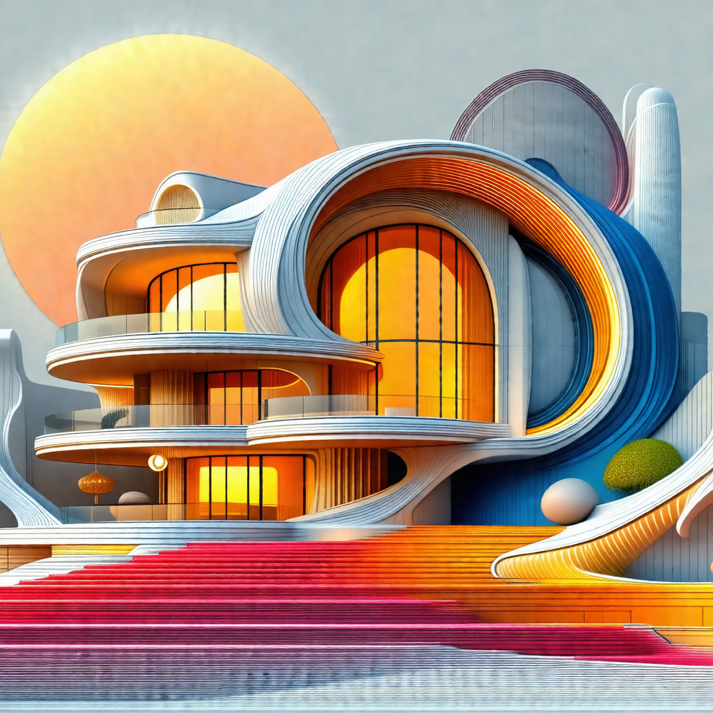 Colorful, computer-generated drawing of a large, modern b...