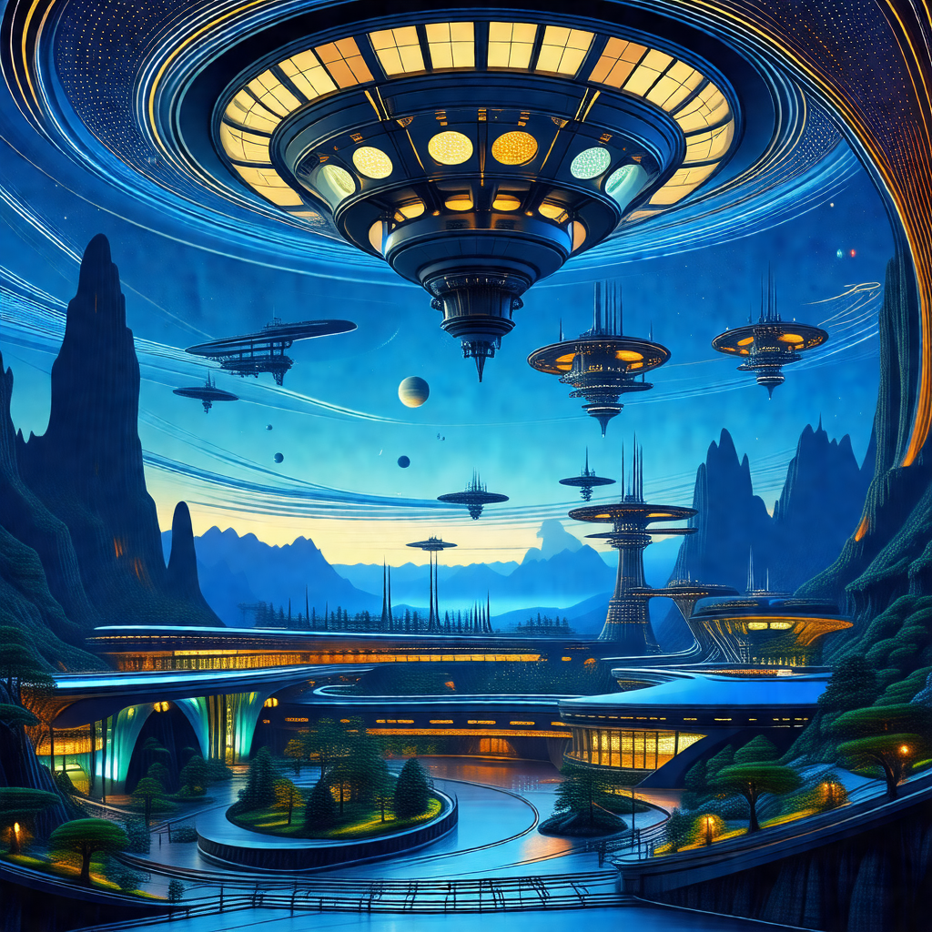 Futuristic painting of a city with a large number of spac...
