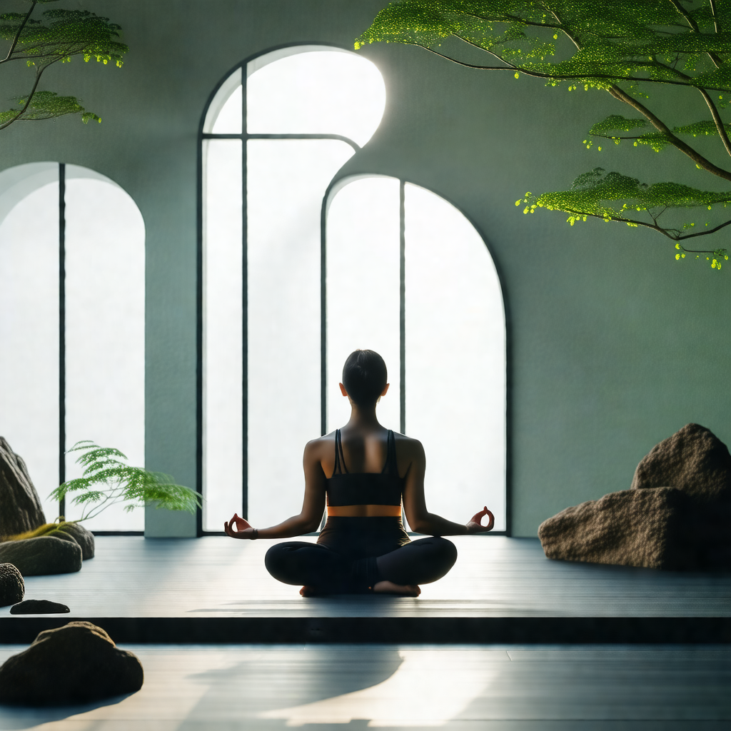 Woman sitting in a lotus position on a wooden floor