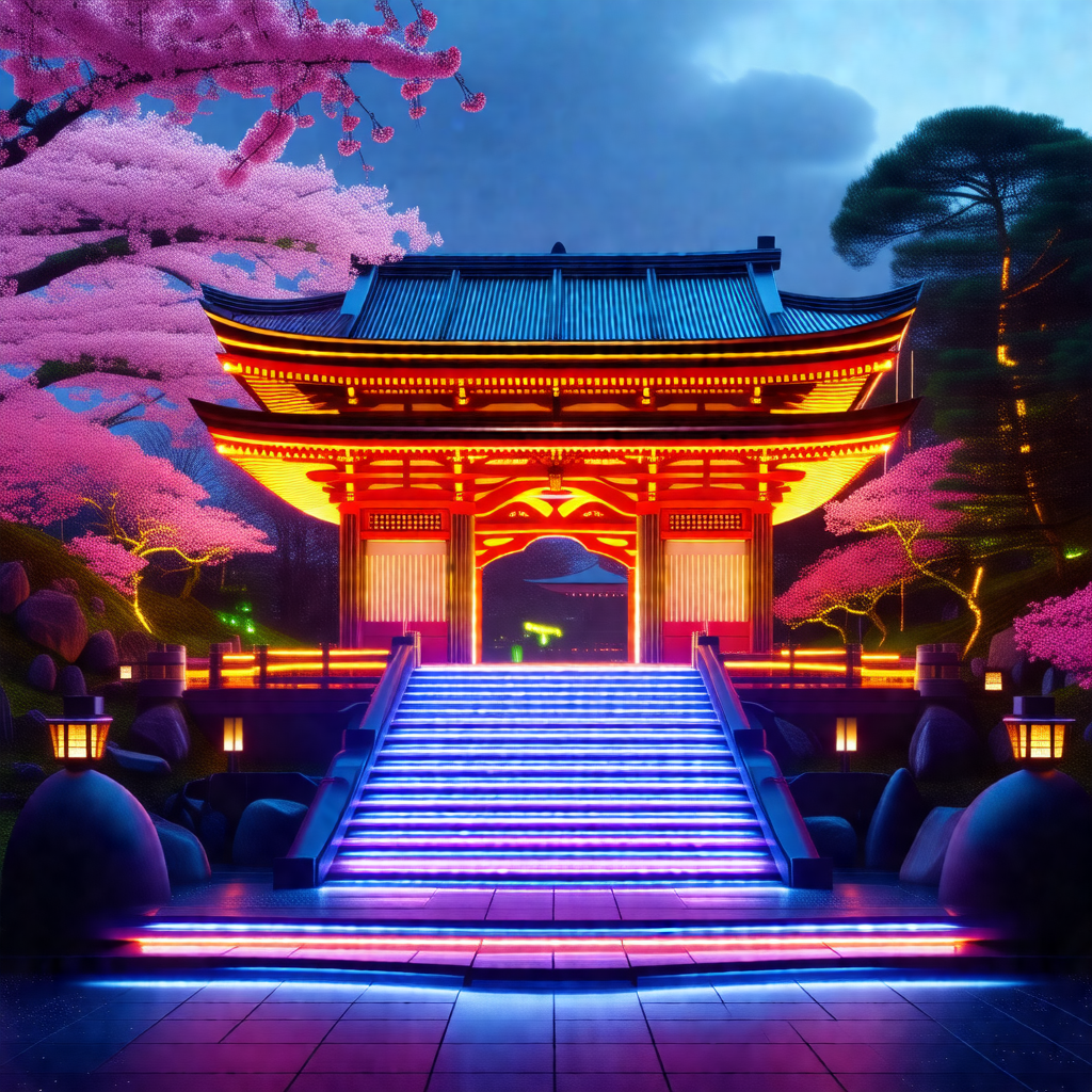 Beautifully lit asian-style building with a staircase lea...