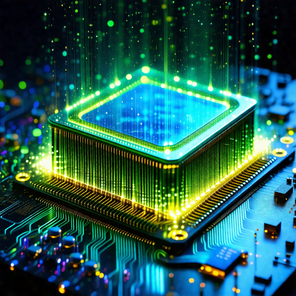Close-up of a computer chip with a green glow surrounding it