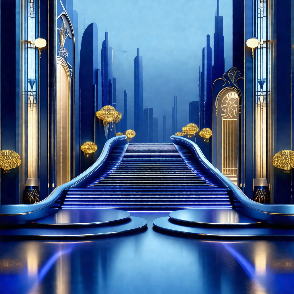 Blue and white painting of a staircase leading to a city
