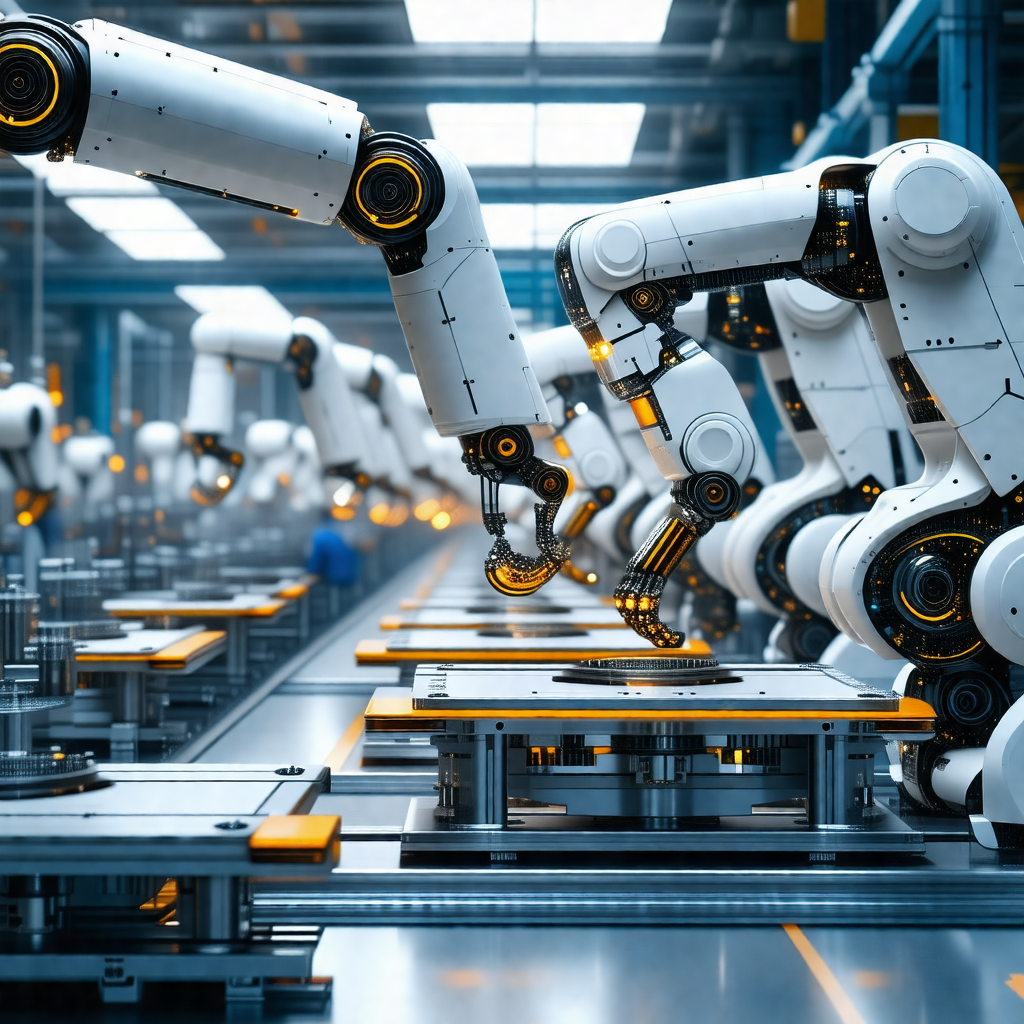 Factory with a large number of white robots working on th...